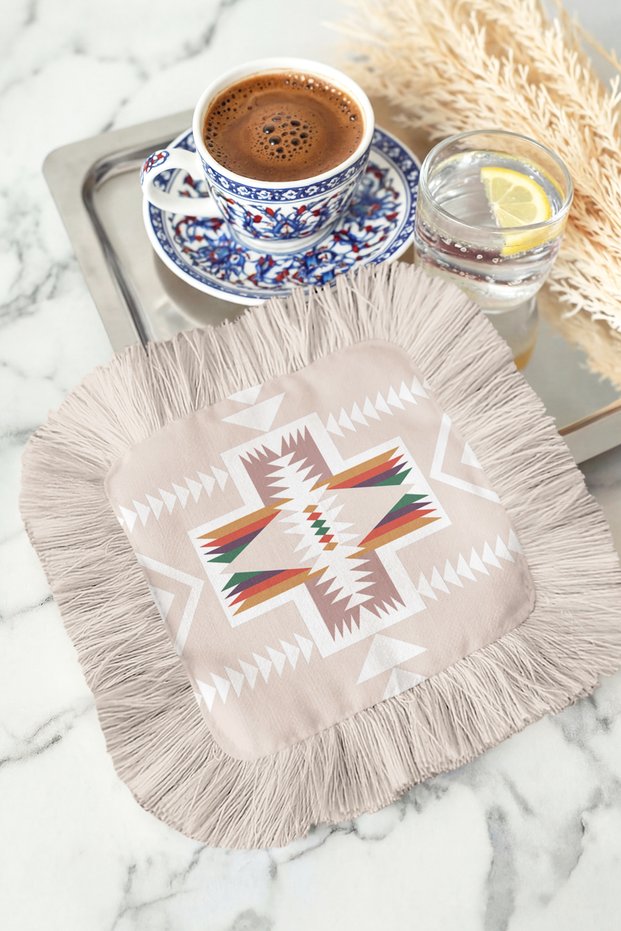 Ethnic Motif Fringed Presentation Napkin - Geometric Bohemian Beige Colored Design Coaster Napkin