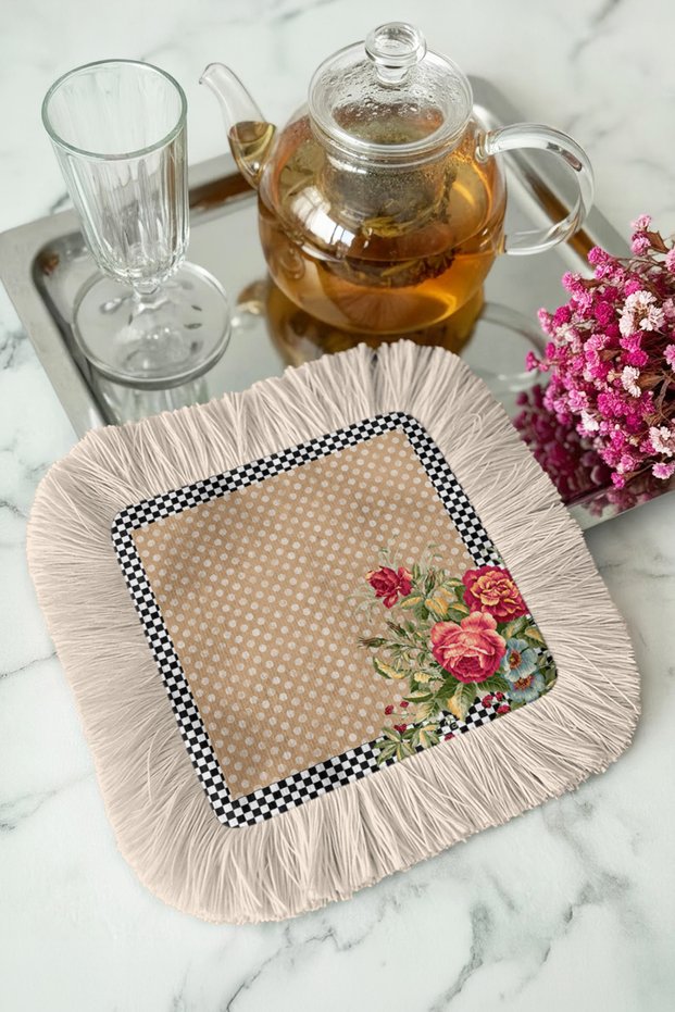 Vintage Floral Fringed Presentation Napkin - Pastoral Romantic Bohemian Beige Pink Coaster Tissue