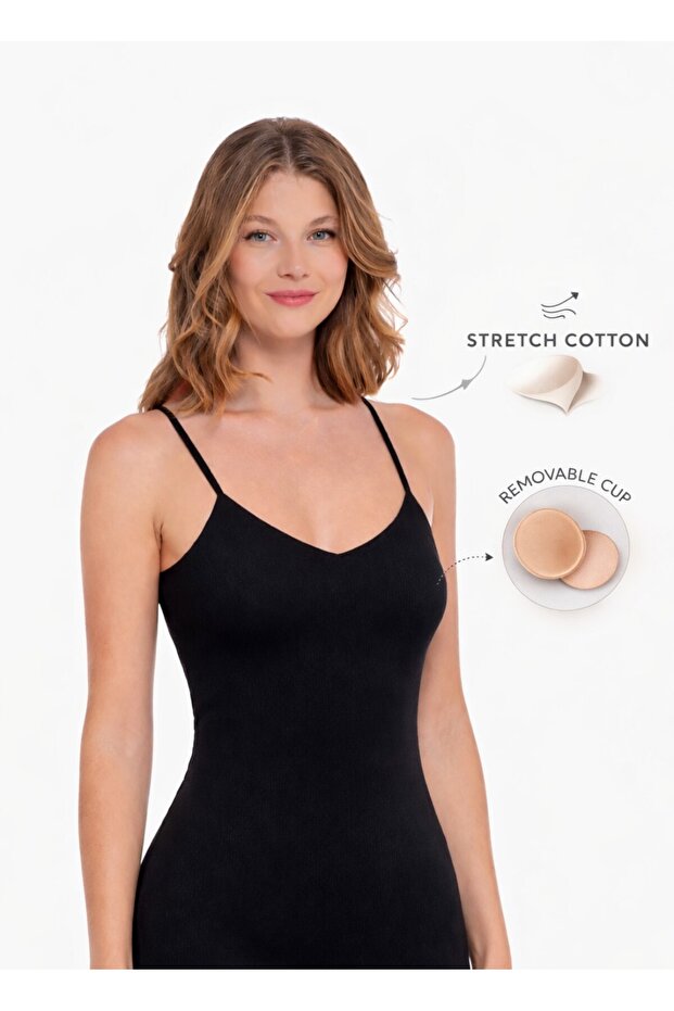 Women's Removable Padded Strappy V-Neck Terry Cotton Tank Top - Flexible Fabric