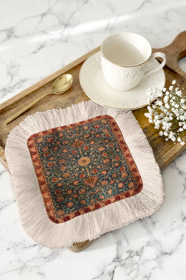 Magnificent Persian Carpet Fringed Presentation Napkin - Vintage Bohemian Dark Green Red Coaster Handkerchief