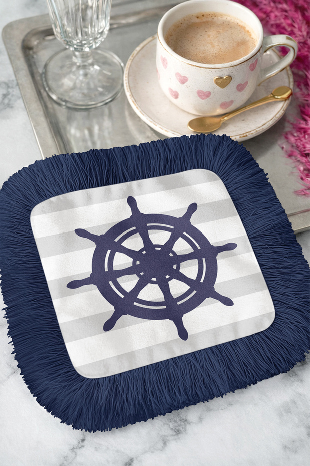 Nautical Striped Fringed Serving Cocktail Napkin - Marine Style Navy Blue Modern Coaster Tissue