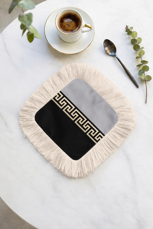 Greek Motif Fringed Presentation Napkin - Luxurious Classic Modern Black Gold Colored Coaster Tissue