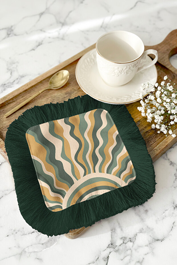 Retro Wave Sparkling Fringed Presentation Napkin - Sun Reflecting Bohemian Green Gold Coaster Tissue