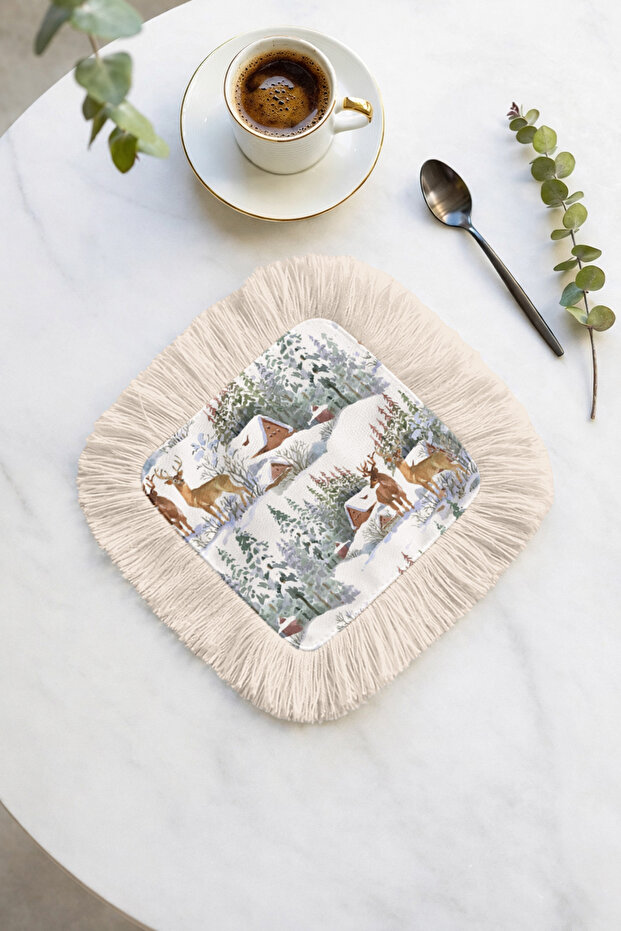 Winter Garden Snow View Fringed Presentation Napkin - Natural Rustic White Gray Beige Coaster Tissue