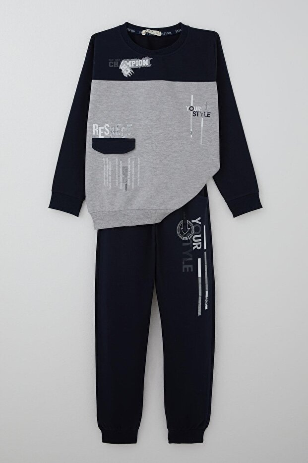 Boy's Tracksuit Set with Pocket Flap Detail and Printed Text, Ages 7-12, Light Gray Melange