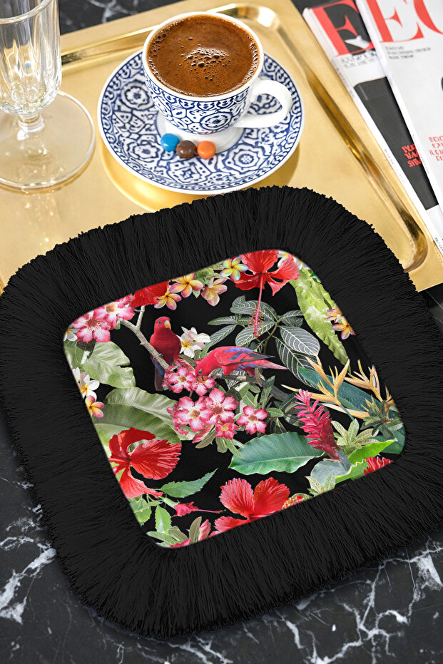 Exotic Tropical Floral Fringed Presentation Napkin-Birds Paradise Bohemian Black Color Coaster Tissue