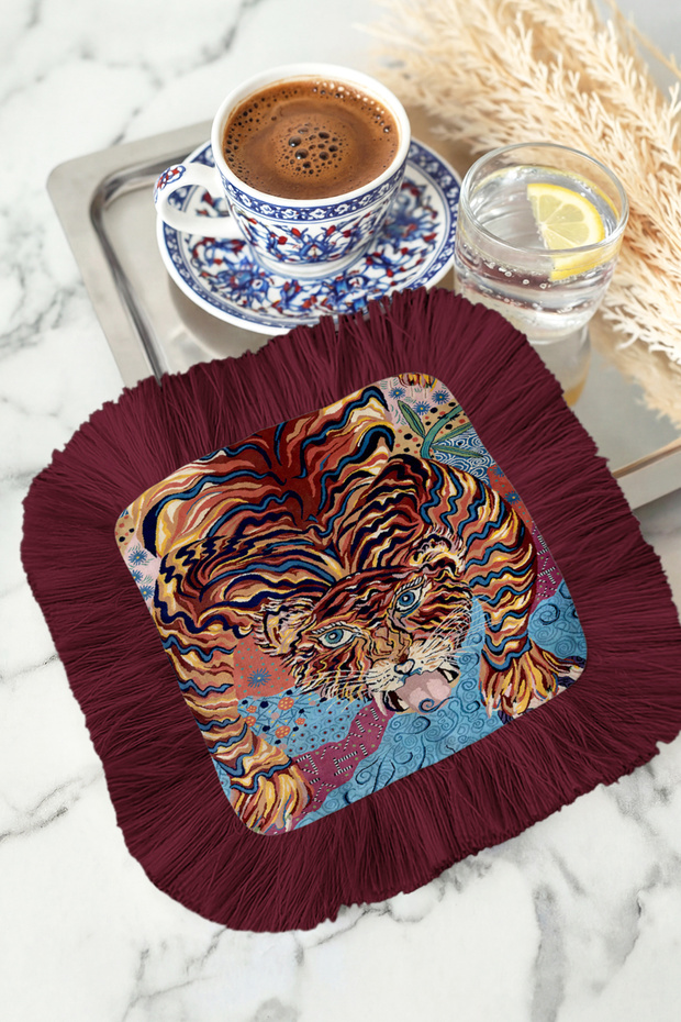 Exotic Tiger Motif Fringed Presentation Napkin - Vibrant Bohemian Red Berceste Coaster Tissue