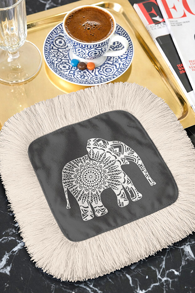 Fringed Bohemian Presentation Napkin with Mandala Elephant Figure - Bohemian Home Style Black Cream Coaster Tissue