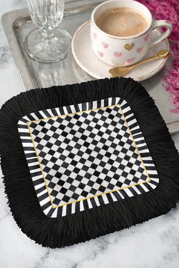 Luxury Checkered Fringed Presentation Napkin - Optically Stylish Modern Black and White Gold Colored Coaster Tissue