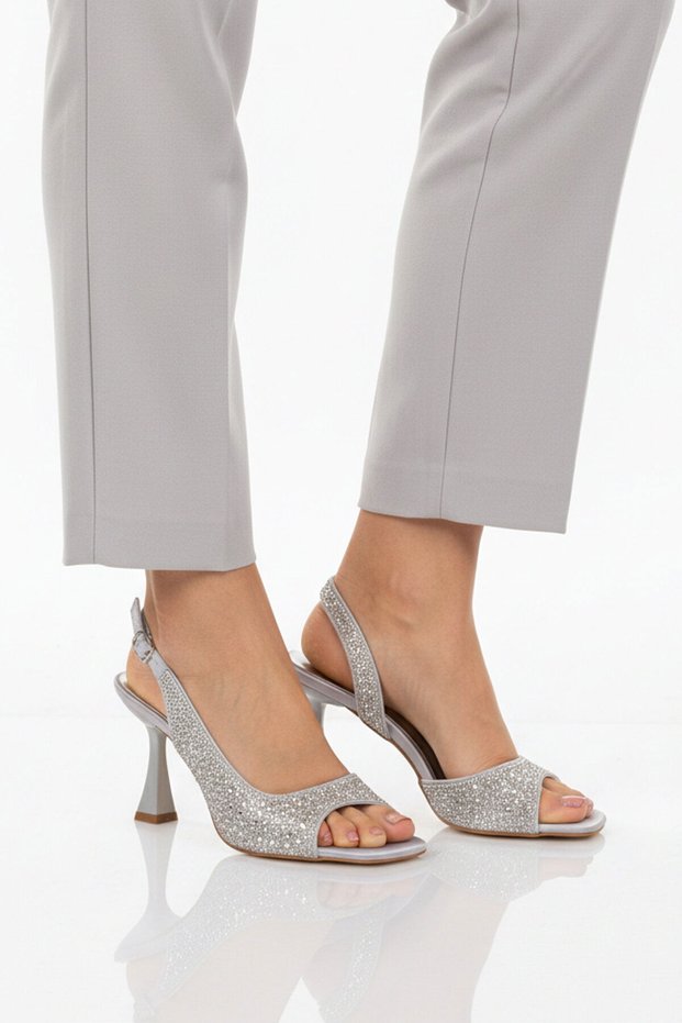 Silver Satin Stone Embellished Thin Heeled Women's Evening Dress Shoes 655500 Z