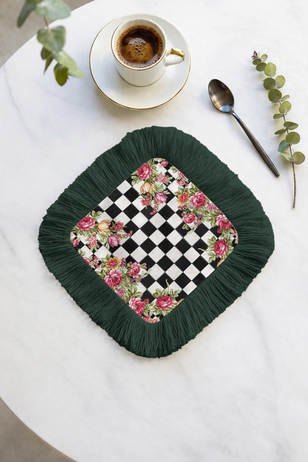 Luxurious Floral Black and White Fringed Presentation Napkin - Romantic Vintage Bohemian Green Coaster Tissue