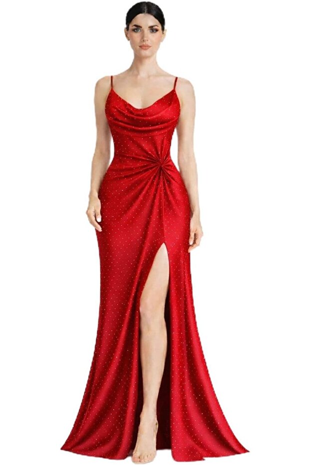 Women’s Elegant Evening Maxi Dress with Draped Bodice, Rhinestone Embellishment & Side Slit