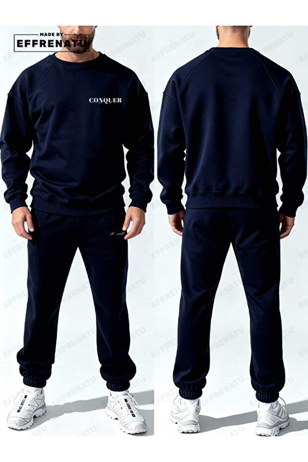The Hoodless, Navy Blue Tracksuit Is Designed with Original Prints.