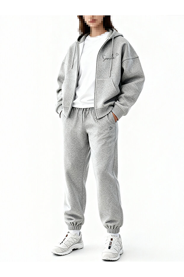 Black and Gray Oversized Printed Hooded Zip-Up Set
