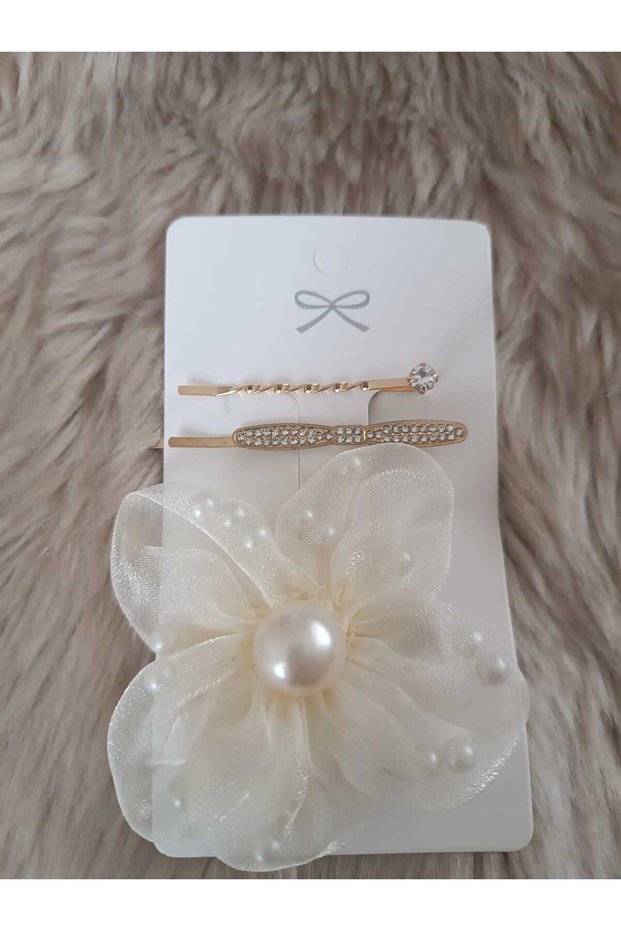 Tulle Pearl Zircon Stone Detailed Girls' Bow and Flower Model Figured Buckle Set