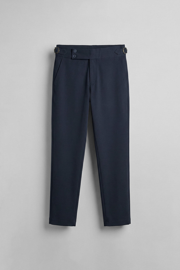 Men's Slim Fit Italian Cut Side Buckle Double Button Trousers Navy Blue