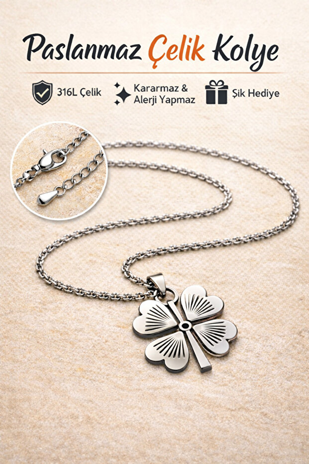Yonca Desenli Çelik Kolye - 1