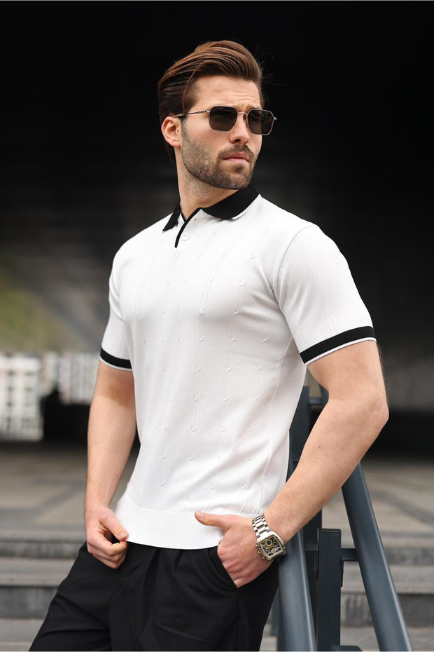 White Polo Collar Knitwear Men's T-Shirt E7470