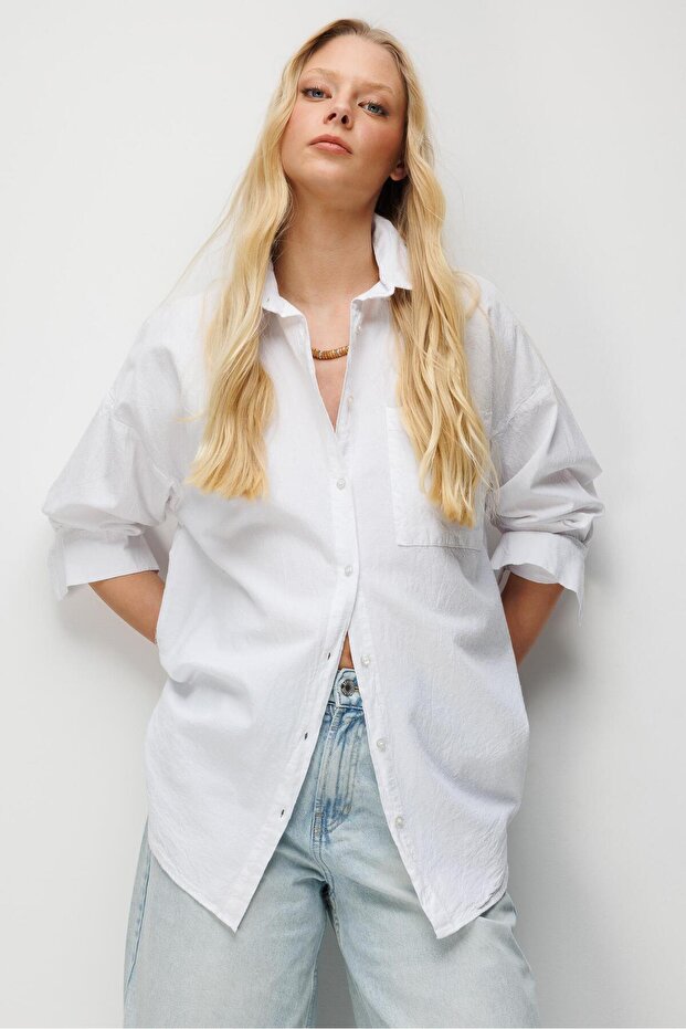 4820 Kadın Parça Boya Basic Gömlek Beyaz - 3