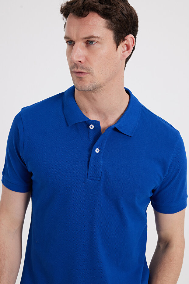 Men's Slim Fit 100% Cotton Short Sleeve Polo Collar Navy Blue T-Shirt
