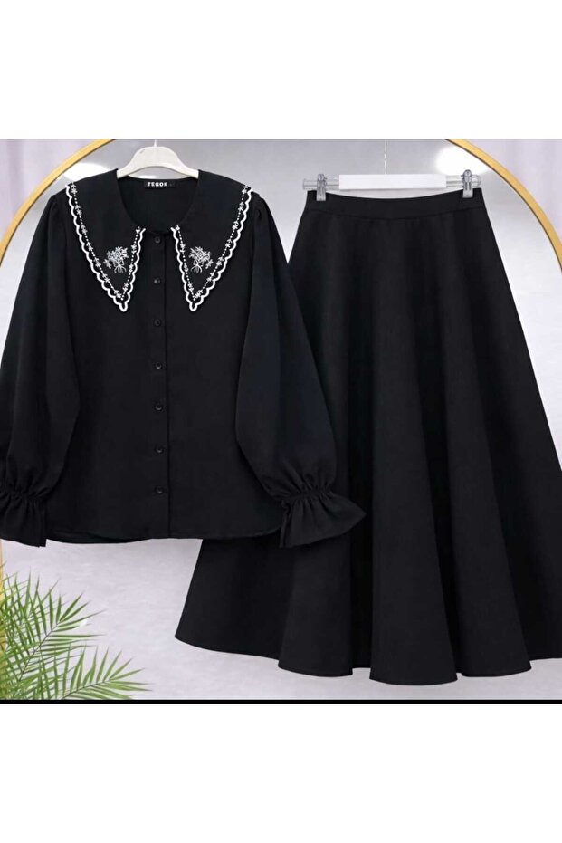 Women's Collar Embroidered Shirt - Puff Scuba Skirt Set -520