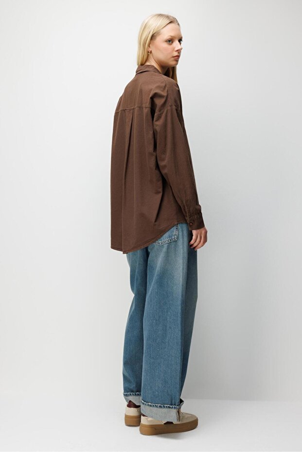 4820 Kadın Parça Boya Basic Gömlek Kahve - 6