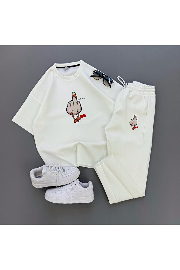 Scuba/Diver Fabric Asymmetrical Cut Duck Off Printed Tracksuit-Tshirt 2-Piece Set