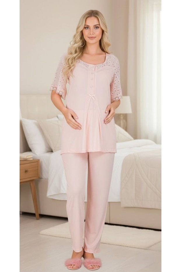 New Season Powder Short Sleeve Scallop Linen Detailed Special Design Summer Maternity Pajama Set