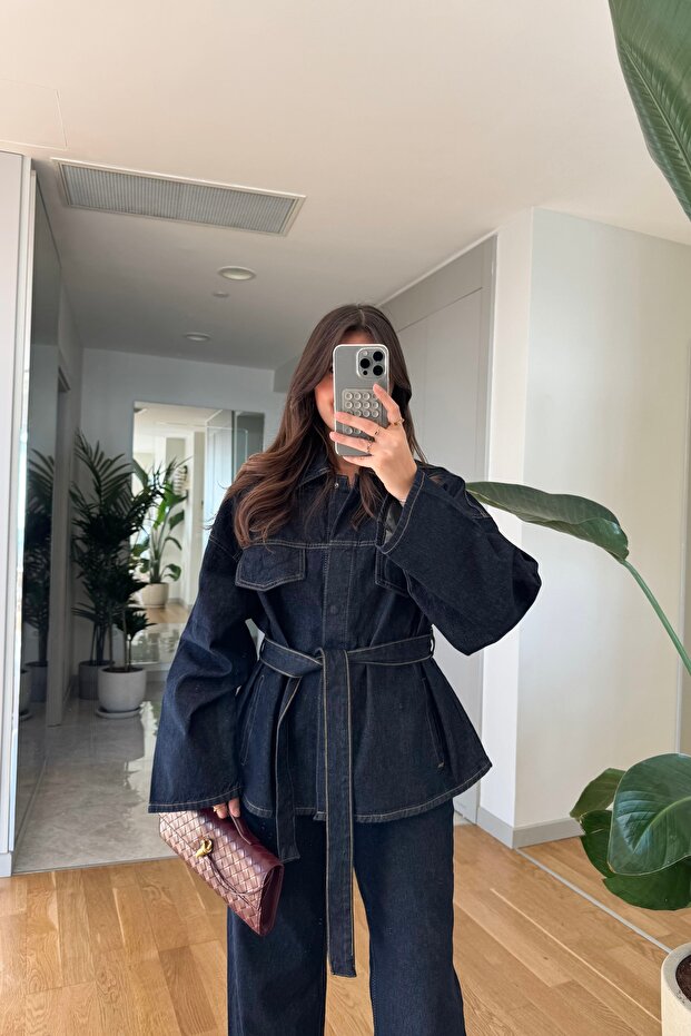 Women's Tie-Detail Oversized Jacket and Pants Denim Set