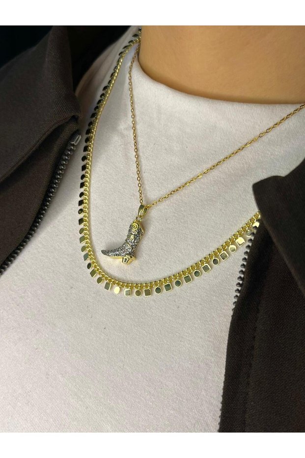 Set of 2 Vintage Look Necklaces | Stoned Cowboy Boot Pendant & Sequined Chain Necklace