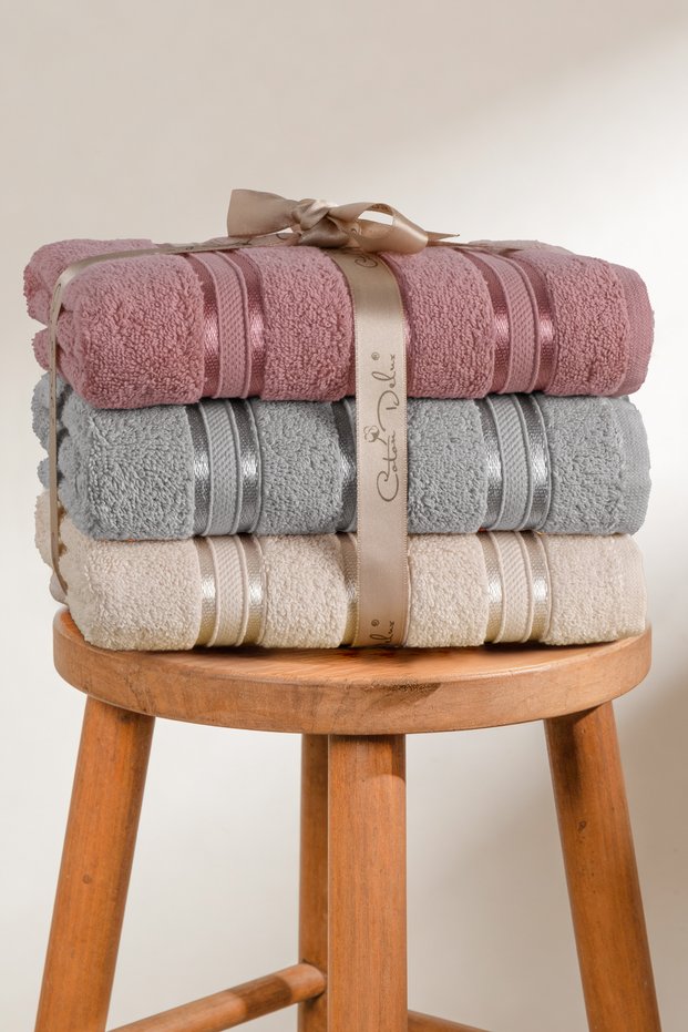 Pera 3-Piece 100% Cotton Towel Set | Hand, Face - Hair Towel | Bag with Contents, Dowry Gift, Gift Item | 50X90 cm