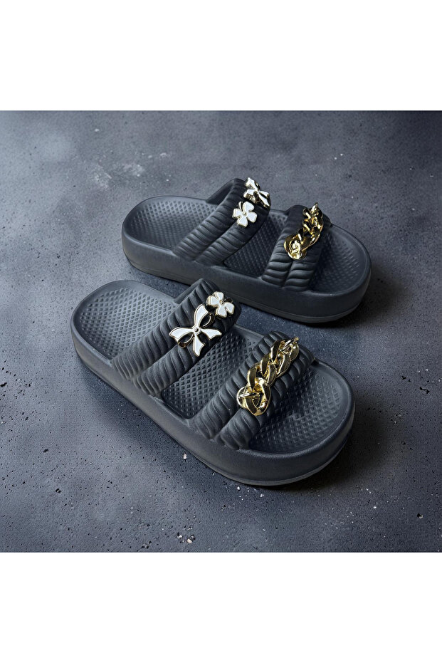 Women's Light Sole Double Band Chain Beach Pool Home Daily Slippers