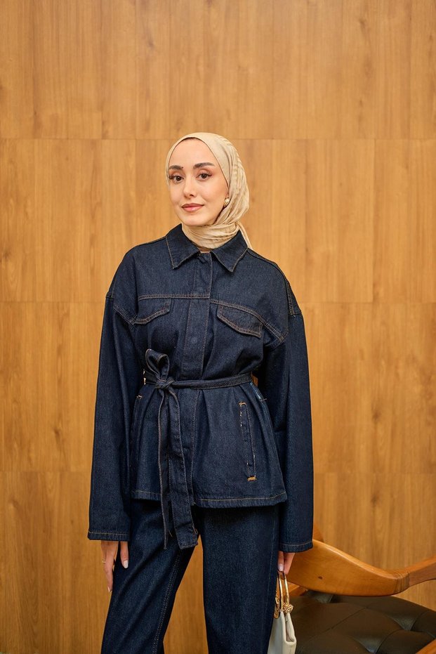 Women's Tie-Detail Oversized Jacket and Pants Denim Set
