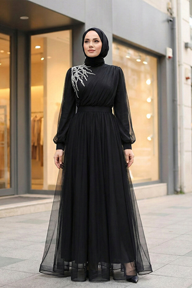 Draped Tulle Evening Dress with Stone Detail on the Shoulder - Black
