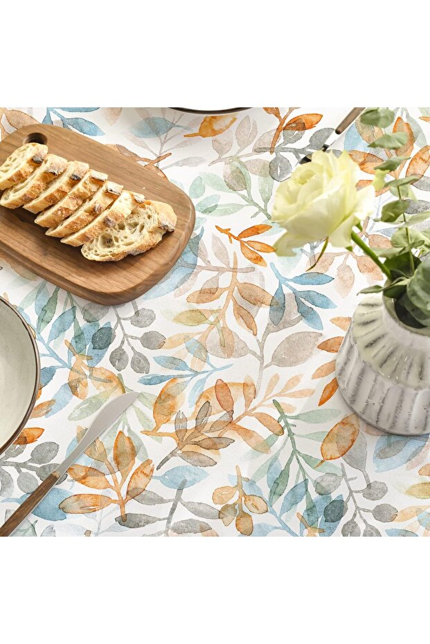 Rectangular Tablecloth - Polyester, Leaf Pattern - 130 x 220 cm, Blue/Orange - 5