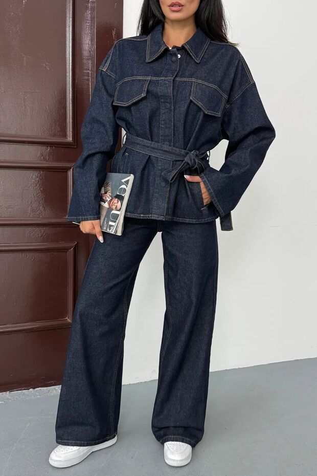 Women's Tie-Detail Oversized Jacket and Pants Denim Set