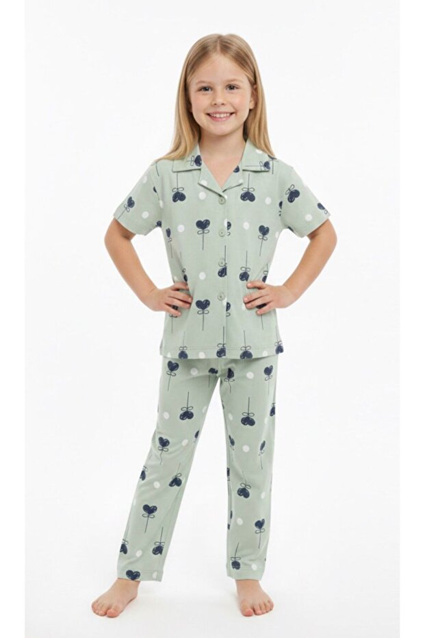 Girls' Pajama Set Green Color Heart Patterned Cotton Short Sleeves