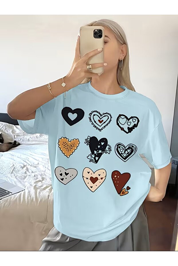 Colorful Heart Pattern Stylish Printed T-Shirt for Women, Cute and Unique Style.