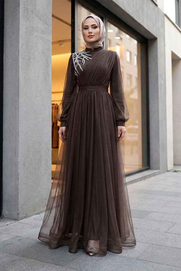 Draped Tulle Evening Dress with Stone Detail on the Shoulder - Dark Coffee