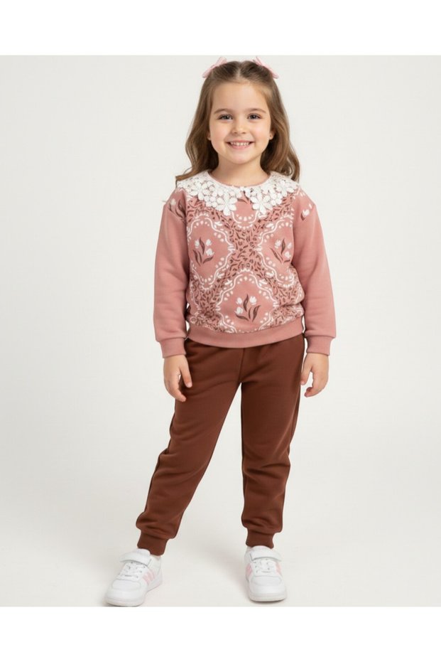 Girl's Seasonal Antique Patterned Baby Collar 2-3-4-5-6 Years Old 2 Thread Stylish Tracksuit Set