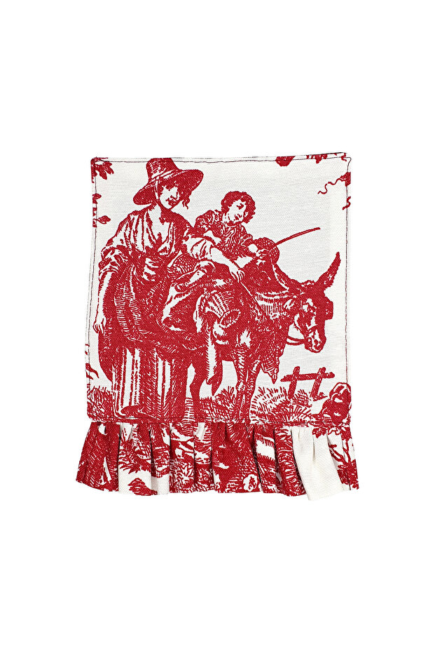 Burgundy Toile Patterned Double-Sided Cocktail Napkin with Ruffle Detail, 1 Piece
