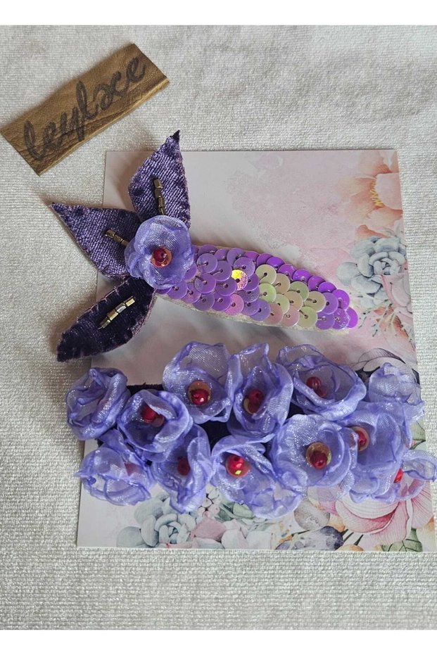 Crystal Stones, Sequins, Organza and Velvet Fabric, Special Design, Purple, Hairpin Set1, Gift