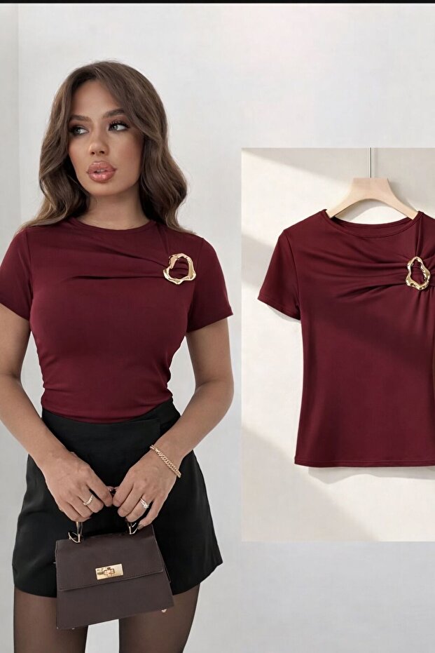 NEW SEASON Women's Buckled Bust-Detail Sandy Short Sleeve Blouse 0074