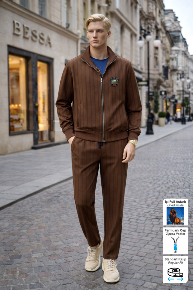 Brown Bulgaria Emblem Printed Tracksuit Set with Zipper Pockets, Straight Leg, Striped, Luxury Fabric, Men's