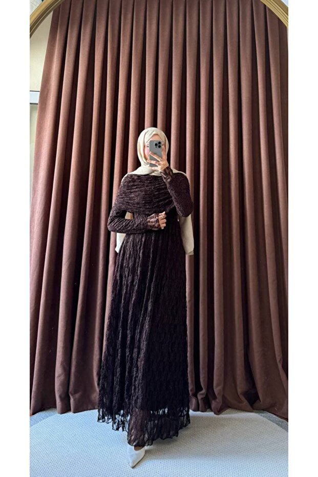 Omuz Drapeli Dantel İkili Elbise - 1