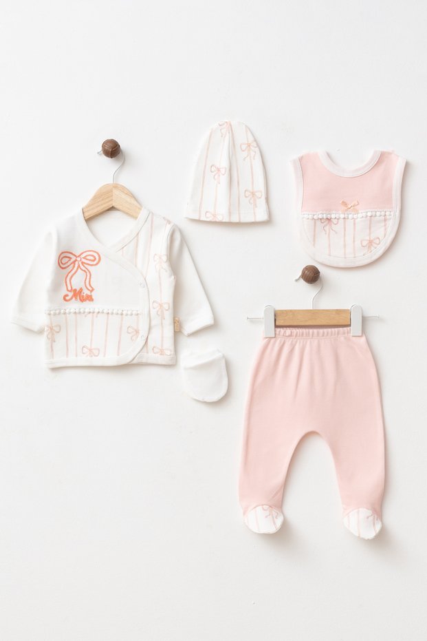 Baby Bowknot Embroidered 100% Cotton 5-Piece Newborn Hospital Discharge Set Yk003658