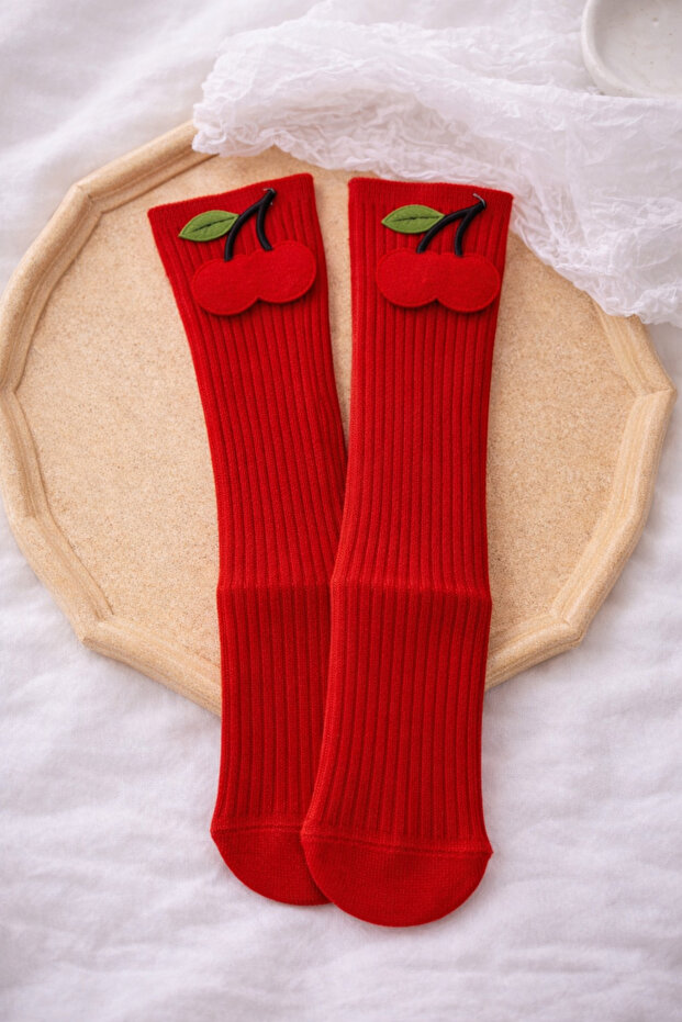 Girl's Red Knee-Length Cherry Felt Socks