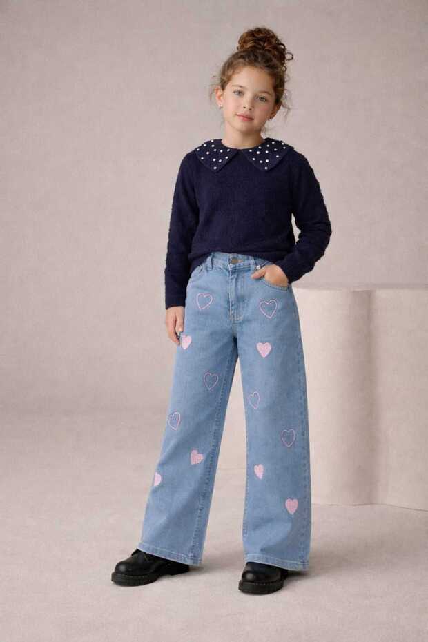 Girls' Washed Wide-Leg Embroidered Patterned Jeans