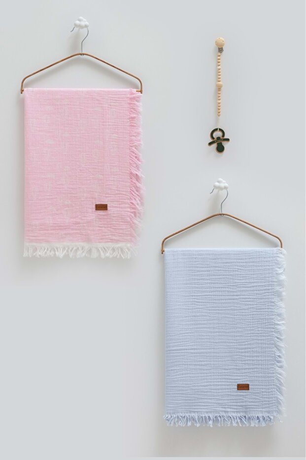 Basic Double Muslin Blanket Pacifier Hanger Triple Boxed Set-100X120 cm Blue