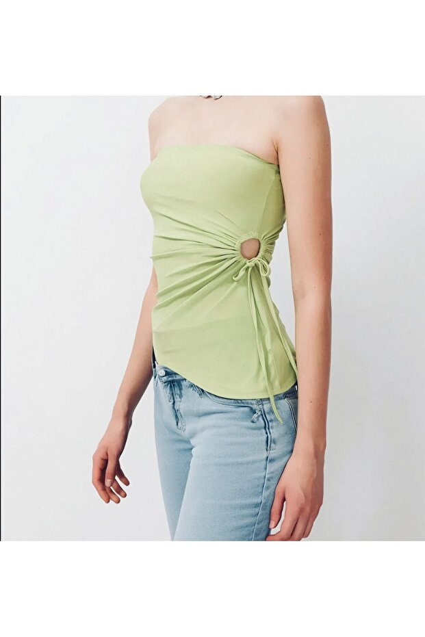 Women's Strapless Green Blouse with Side Gathering and Ring Detail Summer Bodysuit